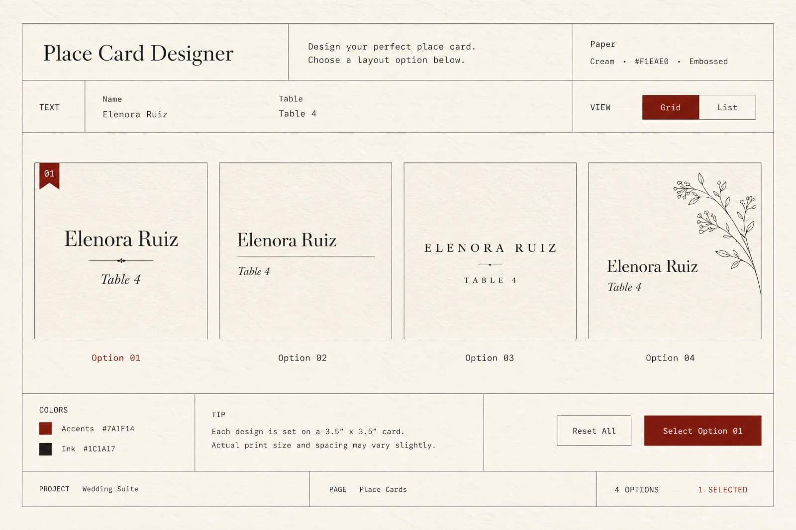 Four place card layout options showing the same name set four different ways