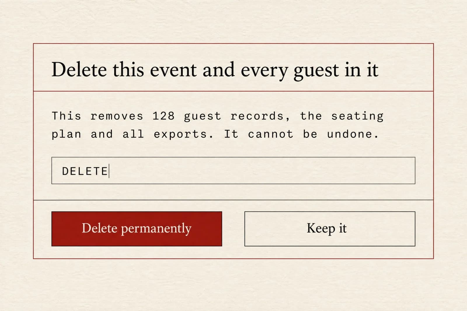 A confirmation dialog for deleting an event and all guest records within it