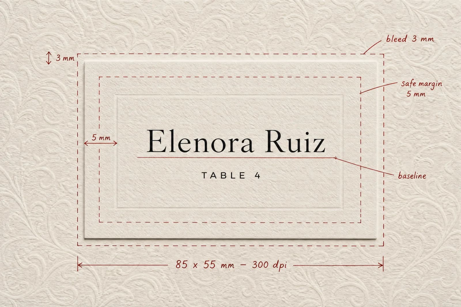 The same place card marked up with bleed, safe margin, baseline and dimension annotations