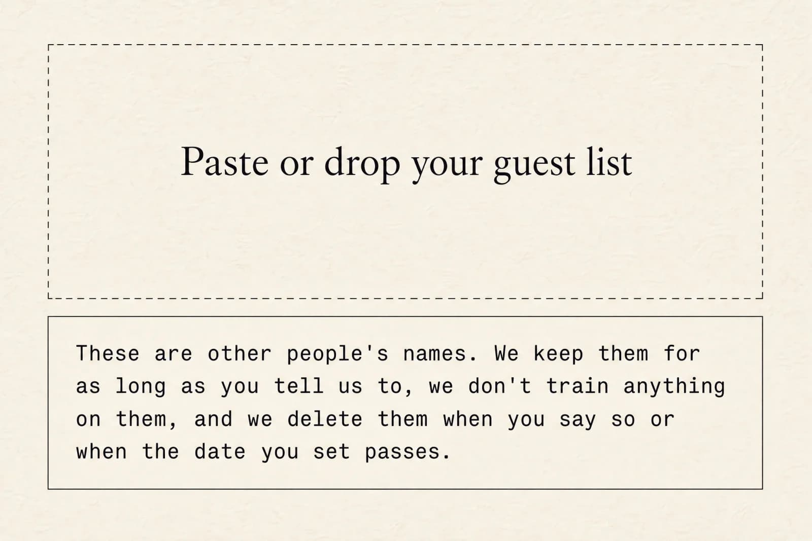 An upload panel with a fixed notice explaining how guest names are held and deleted