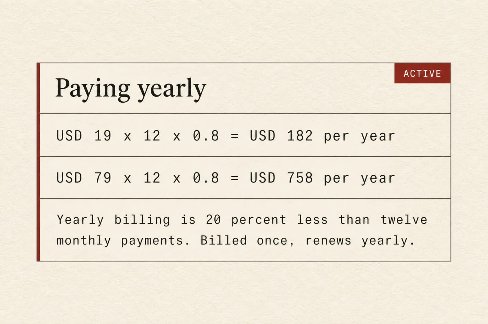 A panel showing the yearly price calculation for both paid plans